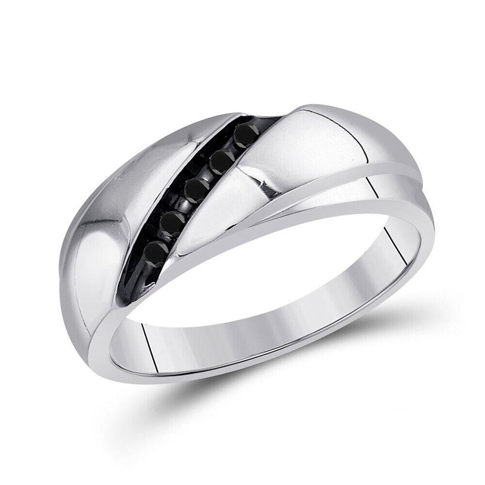 Black Diamond Mens Wedding Band Diagonal Row Ring 925 Sterling Silver
